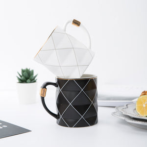 Nordic Golden Black and White Grid Geometry Ceramic Coffee Mug - Coffesy