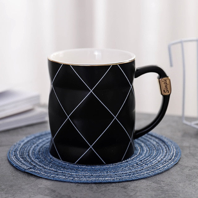 Nordic Golden Black and White Grid Geometry Ceramic Coffee Mug - Coffesy