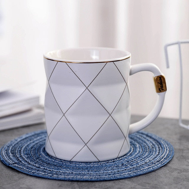 Nordic Golden Black and White Grid Geometry Ceramic Coffee Mug - Coffesy