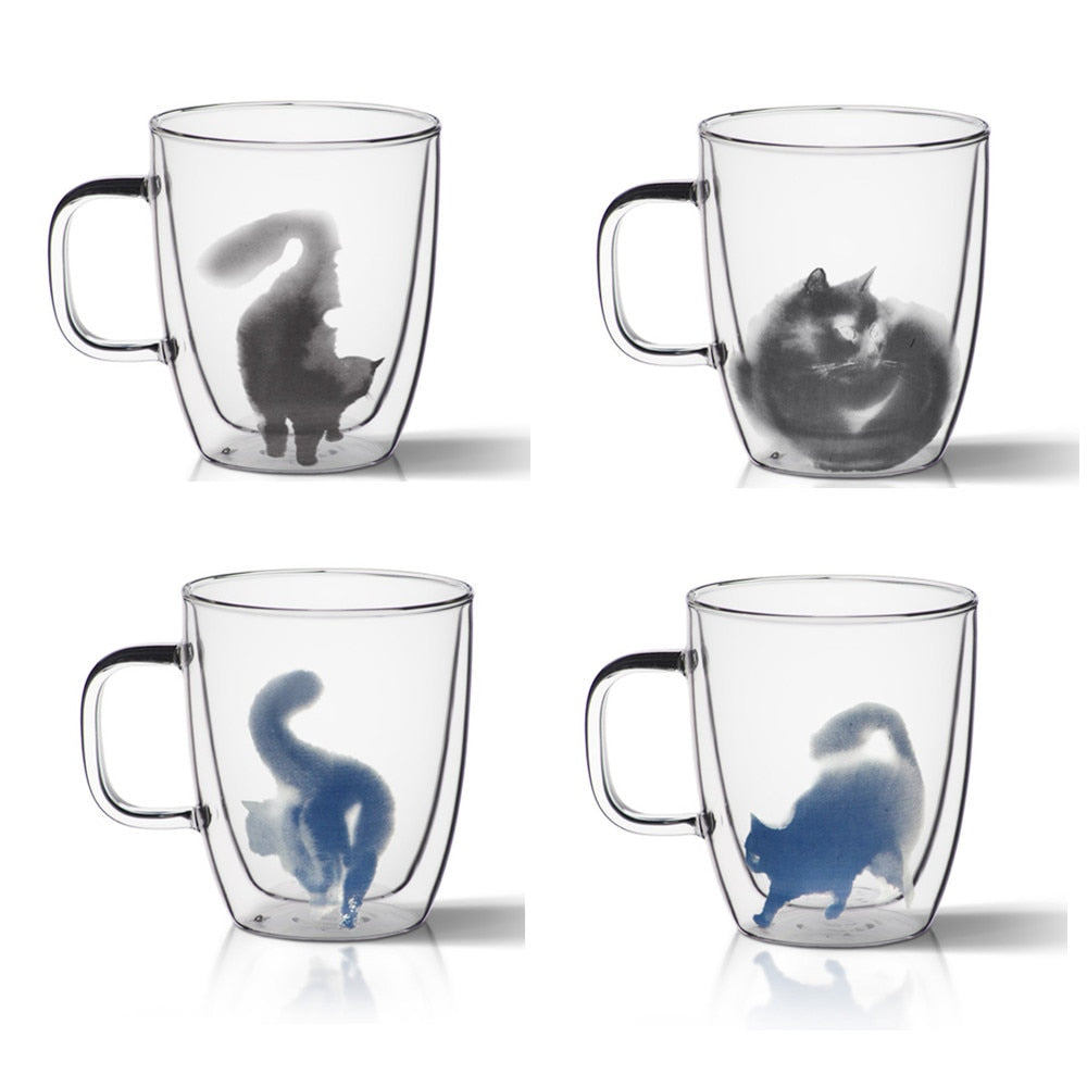 Double Glass Cat Coffee Mugs - Coffesy